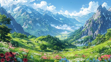 Wall Mural - Scenic alpine meadow with blooming flowers, misty mountain peaks, and verdant valleys under a sunlit sky, offering a picturesque and tranquil nature background image. Watercolor style, high