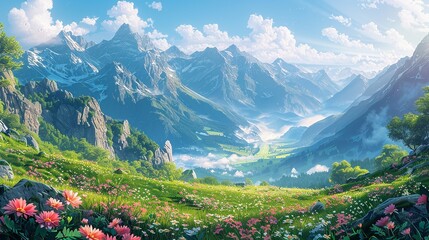 Wall Mural - Scenic alpine meadow with blooming flowers, misty mountain peaks, and verdant valleys under a sunlit sky, offering a picturesque and tranquil nature background image. Watercolor style, high