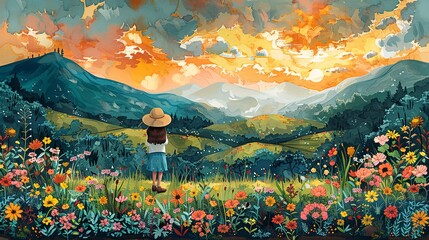 Wall Mural - A lush, blooming floral meadow with vibrant colors, sunlit sky, and rolling hills, offering a picturesque and tranquil nature background image. Watercolor style, high resolution Illustration, in the