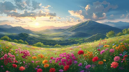 Canvas Print - A lush, blooming floral meadow with vibrant colors, sunlit sky, and rolling hills, offering a picturesque and tranquil nature background image. Watercolor style, high resolution Illustration, in the