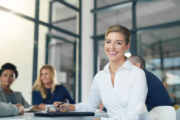 Canvas Print - Smile, woman and portrait with meeting in office for planning, project management and problem solving. Female compliance officer, happy and pride for job by government agency for policy enforcement.