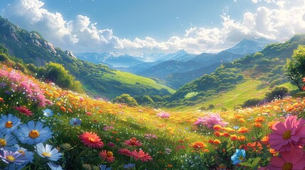 Poster - A tranquil, blooming floral meadow with vibrant colors, rolling hills, and a sunlit, misty horizon, ideal for a peaceful and scenic nature background image. Watercolor style, high resolution