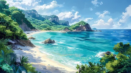 Poster - A tranquil, marine coastal landscape with pristine waters, sunlit horizon, and lush, verdant shoreline, ideal for a serene nature background image. Watercolor style, high resolution Illustration, in