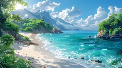 Poster - A tranquil, marine coastal landscape with pristine waters, sunlit horizon, and lush, verdant shoreline, ideal for a serene nature background image. Watercolor style, high resolution Illustration, in