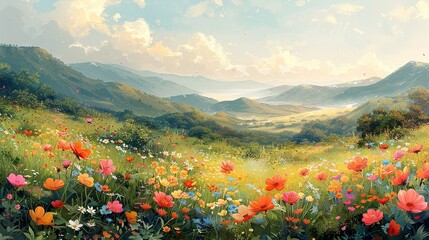 Poster - A tranquil, blooming floral meadow with vibrant colors, rolling hills, and a sunlit, misty horizon, ideal for a peaceful and scenic nature background image. Watercolor style, high resolution