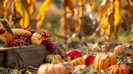 Poster - A wooden crate overflowing with the bounty of autumn - corn, pumpkins, and apples - sits on a bed of fallen leaves in a field. Generative AI