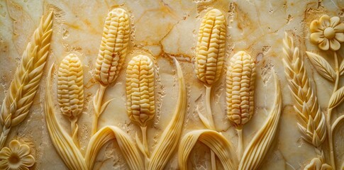 There is one cob of corn and two stalks of wheat with trimmed foliage.