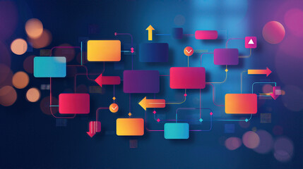 Abstract flowchart design with colorful shapes and arrows representing data and process management concepts for creative projects.