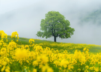 Wall Mural - Green, misty valley with an isolated tree and a sea of ​​yellow wildflowers