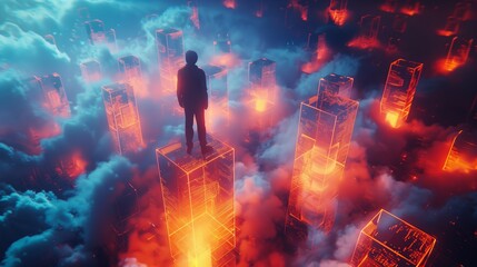 Poster - silhouette of a man standing on a glass cube in a cloud-filled digital landscape