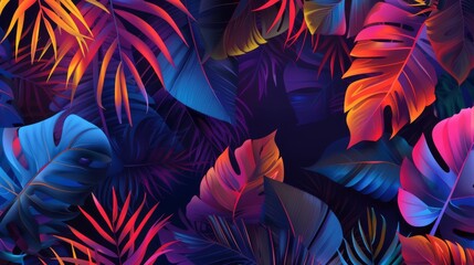 The imagery features a bright abstract exotic foliage backdrop against a bright summer background. This is a contemporary minimalistic artwork that can be used for promotional purposes, horizontal