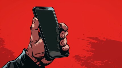 In a cartoon, a hand grasps a handheld device, cellular phone, portable device, device symbol, cellular symbol.