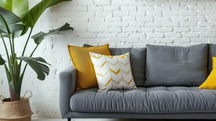 Sticker - Grey couch beside patterned fabric and potted plant next to white brick wall