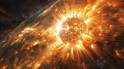 Poster - Stunning depiction of a solar flare, with its intense bursts of energy and light, showcasing the dynamic and powerful nature of our sun and other stars. Watercolor style, high resolution