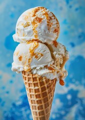 Closeup of an ice cream cone with two scoops of vanilla ice cream on top of one another