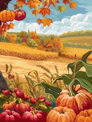 Poster - A picturesque scene of a bountiful autumn harvest with cornfields, pumpkins, and apples. Generative AI