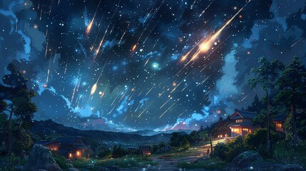 Poster - Mesmerizing portrayal of a meteor shower with streaks of light crossing the night sky, capturing the transient and spectacular nature of these cosmic events. Watercolor style, high resolution