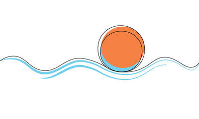 Sea and sun continuous line sketch minimalist design sign symbol icon. Orange disk and blue waves one line art outline logo. Doodle line abstract background. Vector illustration.	