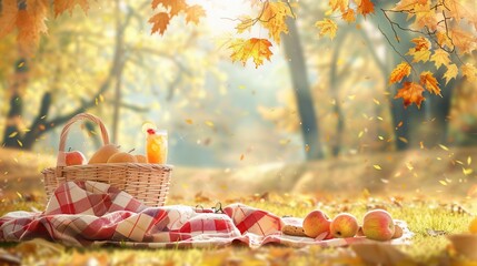 Poster - A picnic basket with food and drinks sits on a red and white checkered blanket in a forest setting with golden trees in the background. Generative AI