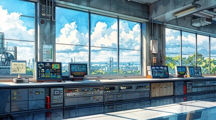 Wall Mural - Captivating depiction of a control room with advanced monitoring systems and technology, highlighting the critical role of precise control in chemical and petroleum processing. Watercolor style, high