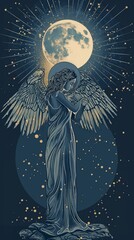 Wall Mural - Cancer depicted by a nurturing angel cradling the moon. ,Dark Color light ,vectorline design , illustration , Mobile Wallpaper