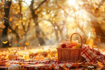 Poster - An autumn picnic with a wicker basket of food and drinks on a checkered blanket, surrounded by golden trees and falling leaves. Generative AI