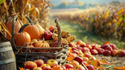 Poster - A wicker basket overflowing with the bounty of an autumn harvest, including plump pumpkins, ears of corn, and a pile of red apples spilling out onto the ground. Generative AI