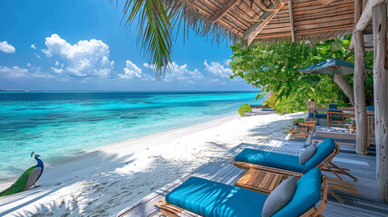 deck and two loungers at an island resort in the Maldives, with snack table, with blue accents on the loungers, white sand beach, turquoise ocean.generative ai