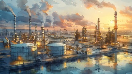 Wall Mural - Detailed image of fuel storage and handling equipment, highlighting the technological advancements and safety protocols in industrial operations. Watercolor style, high resolution Illustration, in