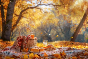 Poster - A picnic blanket with a basket of food and drinks is set up in a forest with golden trees. Generative AI