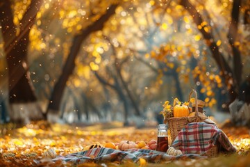 Poster - A checkered blanket spread on a bed of golden leaves in an autumn forest with a basket full of picnic food and drinks. Generative AI