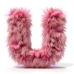 Cute pink 3D letter U as fur shape, short hair on isolated white background, text lettering illustration design