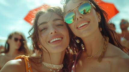 Two Young Women Smiling At The Beach During Summer