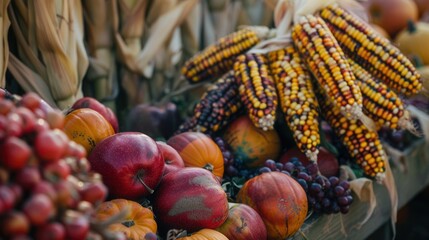 Aufkleber - A close-up view of an autumn harvest, showcasing vibrant corn, pumpkins, and apples, arranged together in a field. Generative AI