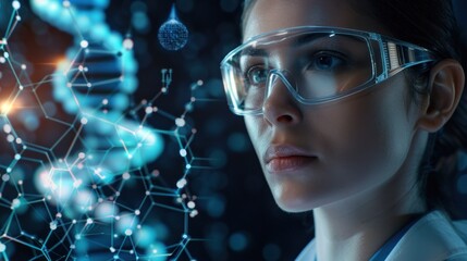 Poster - A Woman in Safety Glasses Gazes at a Complex Network of Blue Lines and Nodes