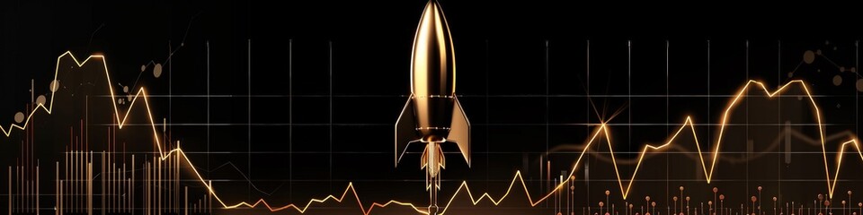 Neon bronze graph and rocket against a black background, depicting successful business advancement.