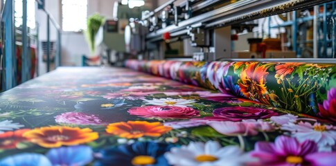 Poster - A close up of a floral print fabric being printed on a large industrial roller