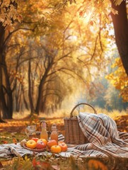 Poster - An autumn picnic scene with a blanket spread on the ground, a basket full of food and drinks, surrounded by fallen leaves in a forest of golden trees. Generative AI
