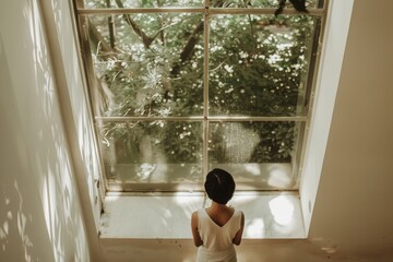 Back view of a young woman in a white dress looking out the window