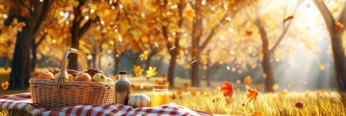 Aufkleber - A wicker basket filled with food and drink sits on a red and white checkered blanket in a forest. Golden leaves fall from the trees behind the basket, creating a picturesque scene.