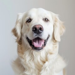 Close-up of a happy Golden Retriever with light fur, looking directly at the camera against a plain background.