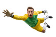 © FP Creative Stock - Soccer goalie in dynamic leap jumping pose with one hand to reach a ball, isolated background