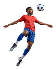 african football player doing a header with his head on a ball