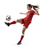Female soccer player doing midair kick, wearing red jersey with long hair