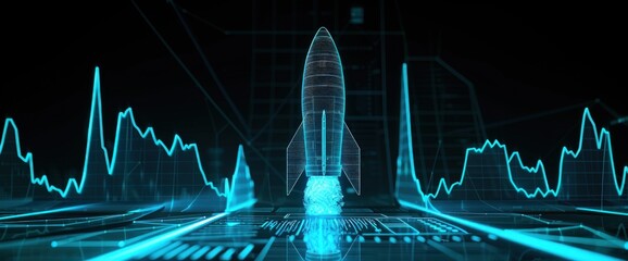 Wall Mural - Neon cyan graph and rocket against a black backdrop, showcasing futuristic business success.