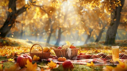 Aufkleber - An inviting autumn picnic setting with a checkered blanket, food in a basket, and golden leaves on the forest floor, creating a warm vibe