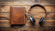 © Adisorn - A worn brown leather-bound holy book lies open on a rustic wooden table, paired with modern sleek black headphones, symbolizing faith and technology.