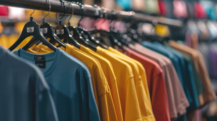 Wall Mural - plain t-shirts of all colors of rainbow hang on a hanger, store interior blur