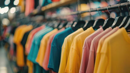 Wall Mural - plain t-shirts of all colors of rainbow hang on a hanger, store interior blur