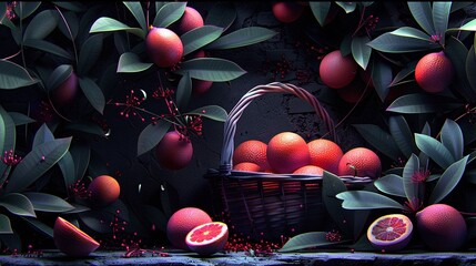 Poster -   A painting of a basket of grapefruits and a grapefruit beside a grapefruit tree